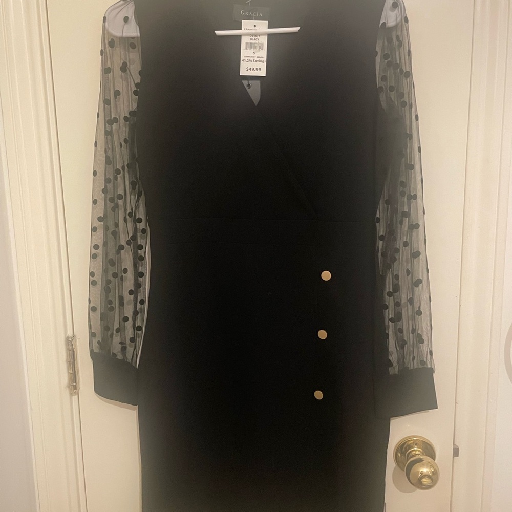 Black Dress with Sheer Polka Dot Sleeves